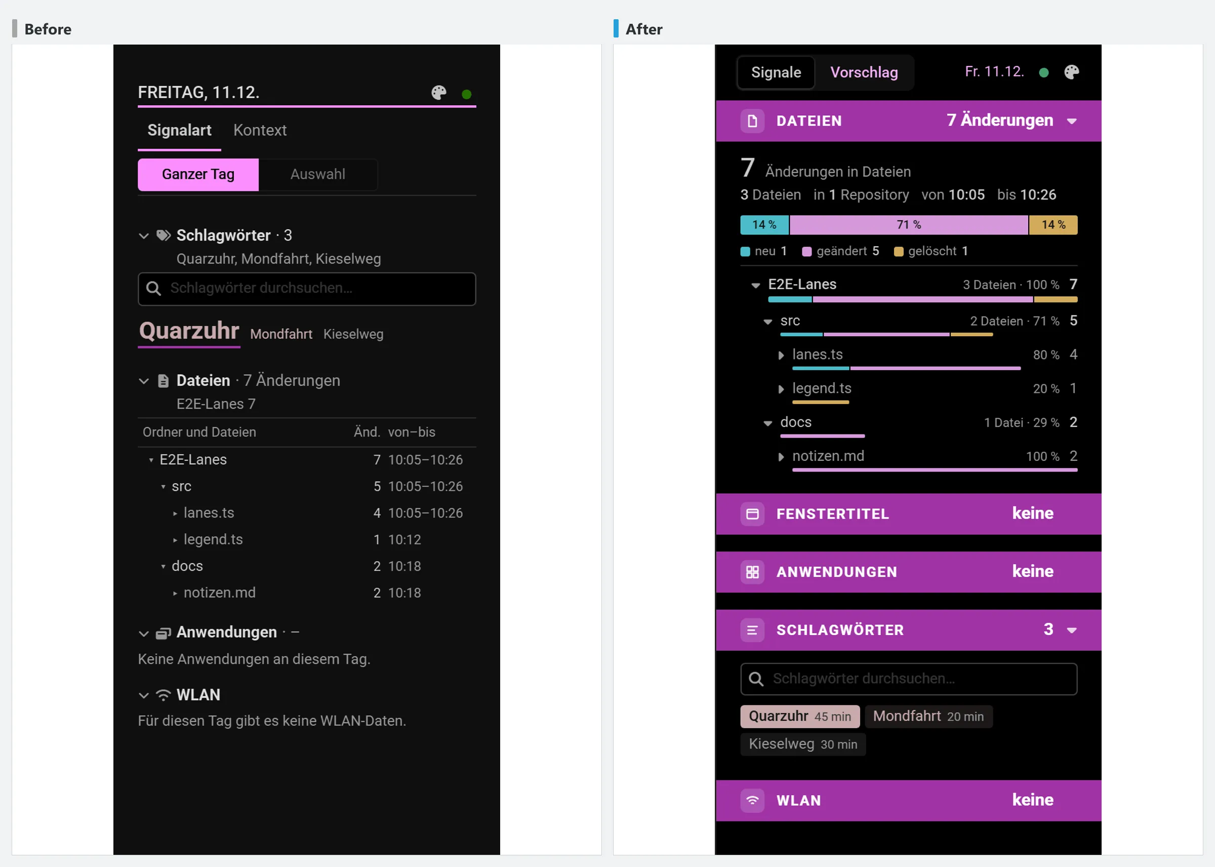 Signal details in the Angular app's time sheet calendar before and after, dark theme, test data
