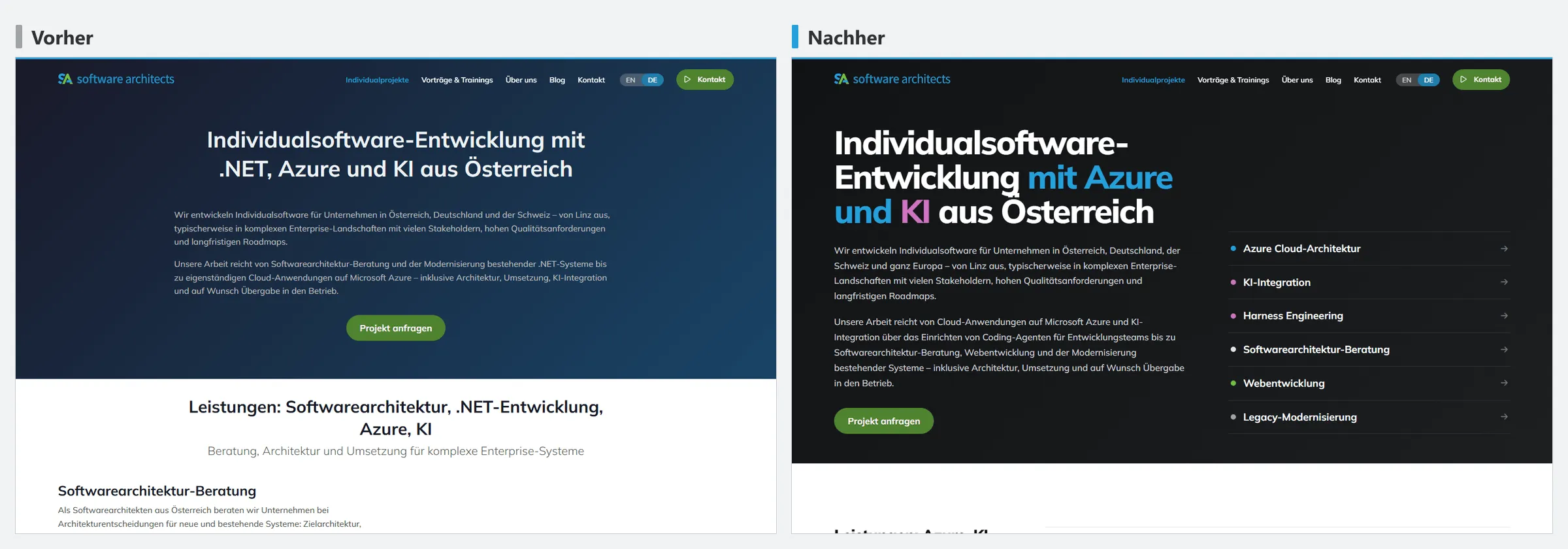Seite Individualprojekte von software-architects.com vor und nach der Überarbeitung