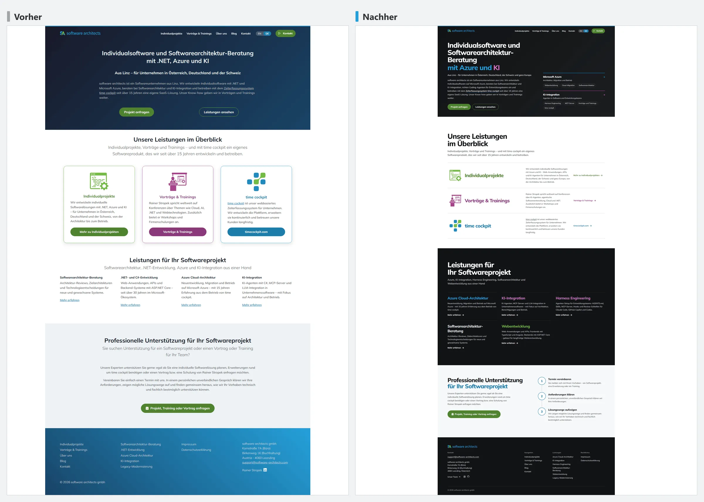 Ganze Startseite von software-architects.com vor und nach der Überarbeitung