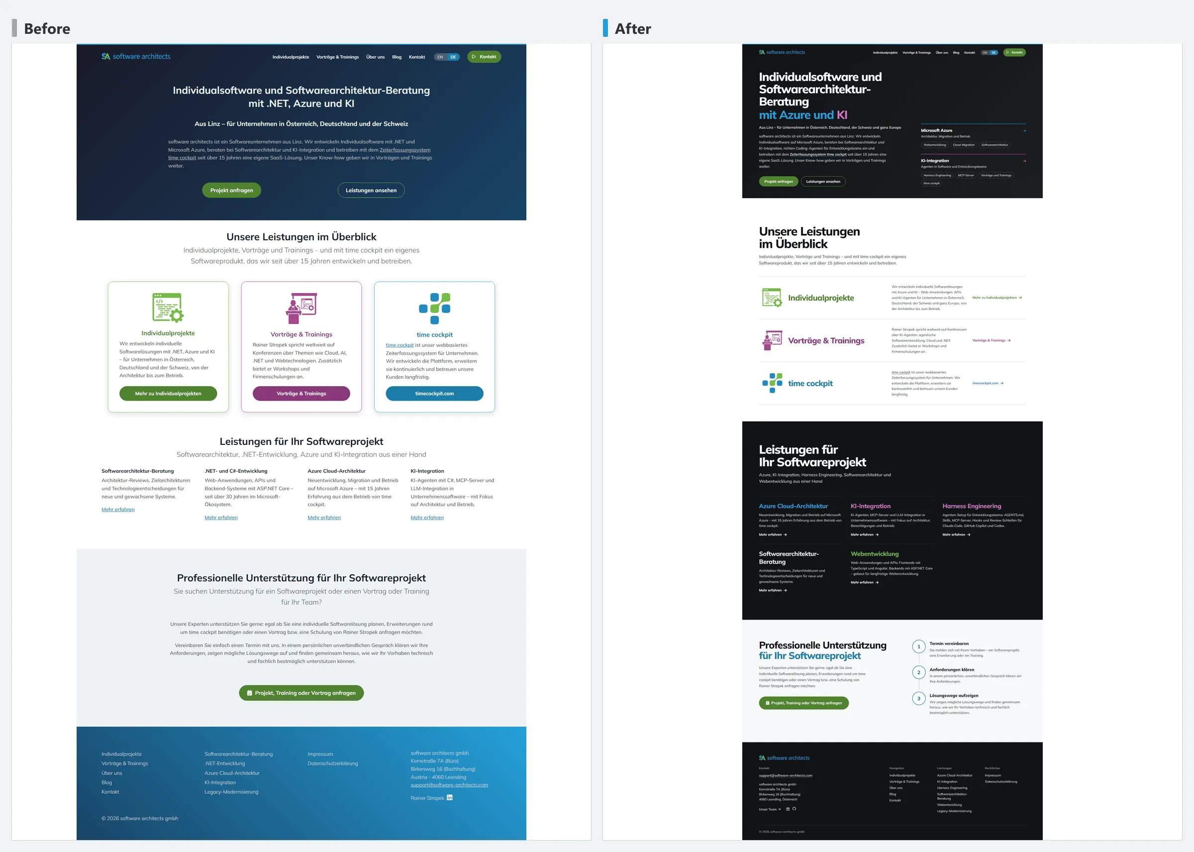 Whole software-architects.com home page before and after the rework