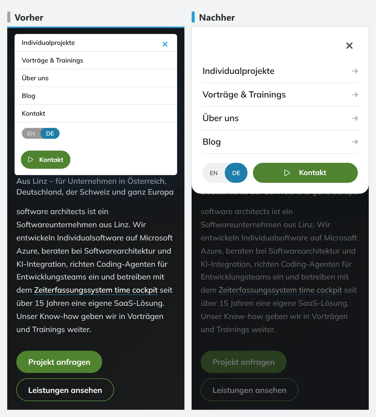 Mobiles Menü von software-architects.com vor und nach der Überarbeitung