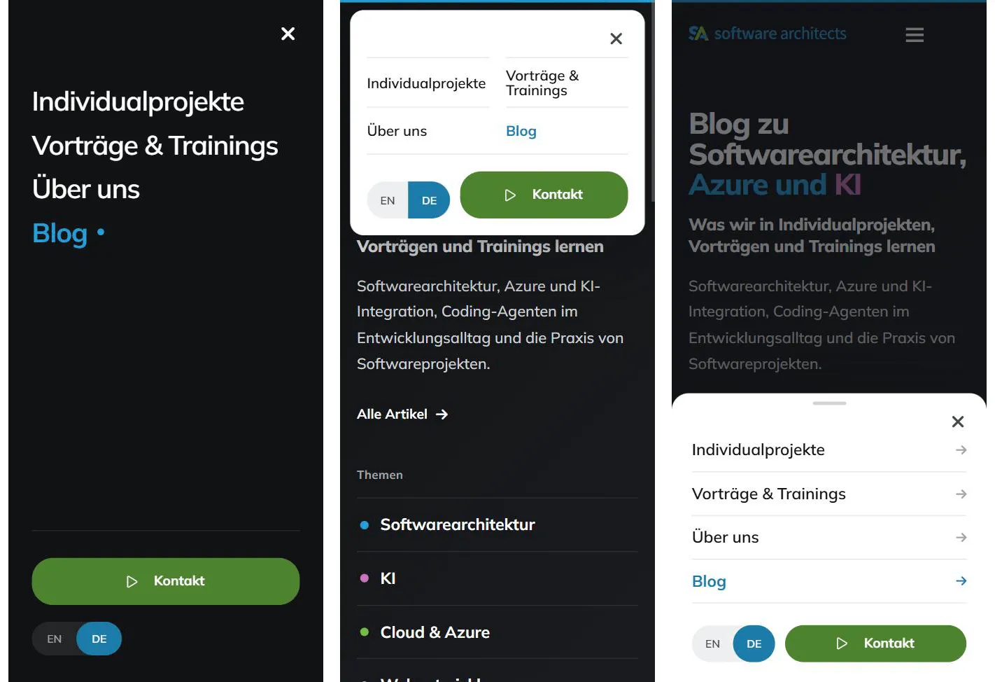 Three proposals for the software-architects.com mobile menu