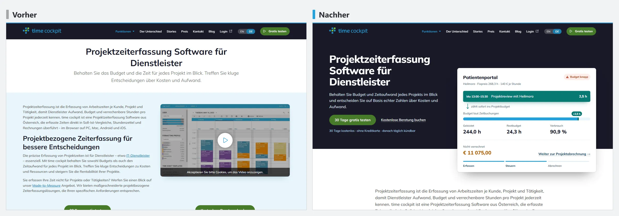 Funktionsseite Projektzeiterfassung auf timecockpit.com vor und nach der Überarbeitung
