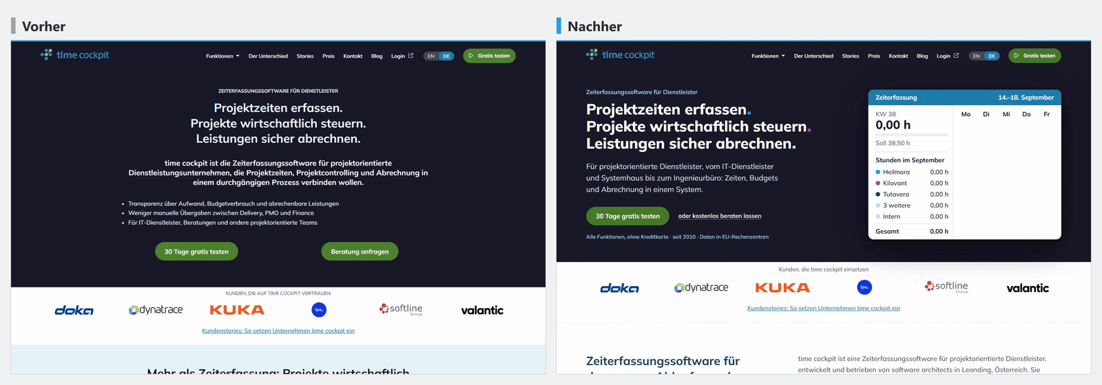 Startseite von timecockpit.com vor und nach der Überarbeitung